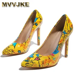 MVVJKE Women Pumps High Heels Pointed Toe Ladies Shoes Fashion Office Pu Thin Heels Painted Graffiti Female Slip On Shoes