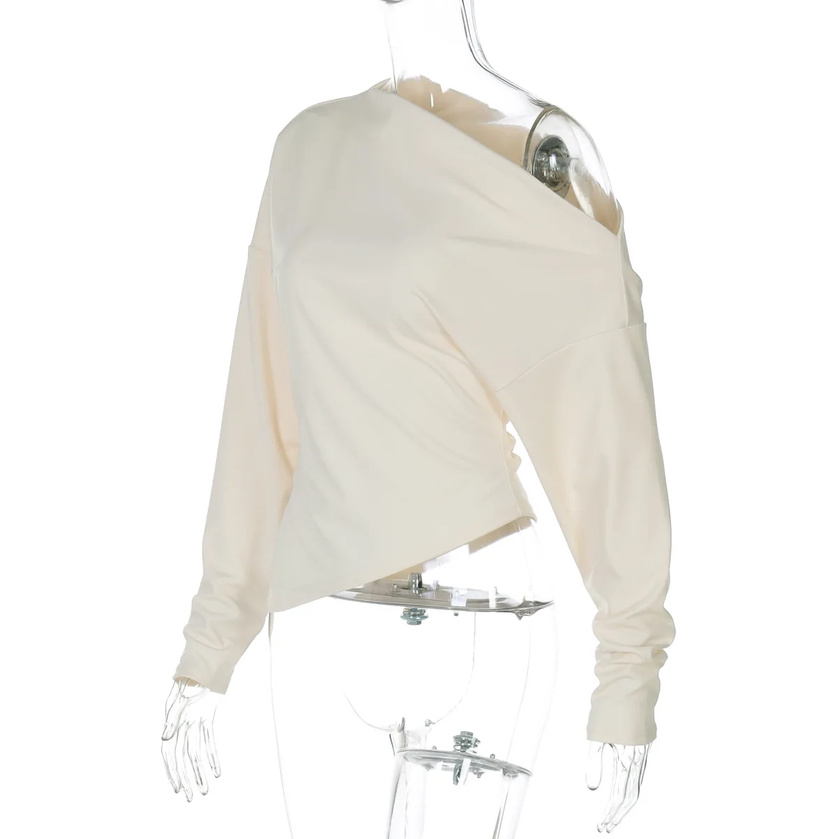 Damen Casual Top Modisches Schlankes Langarm-Pullover-Oberteil Sexy Schulterfreies Plissiertes Party-Top Weibliche Streetwear Überzieh-Oberteil – Detail 5