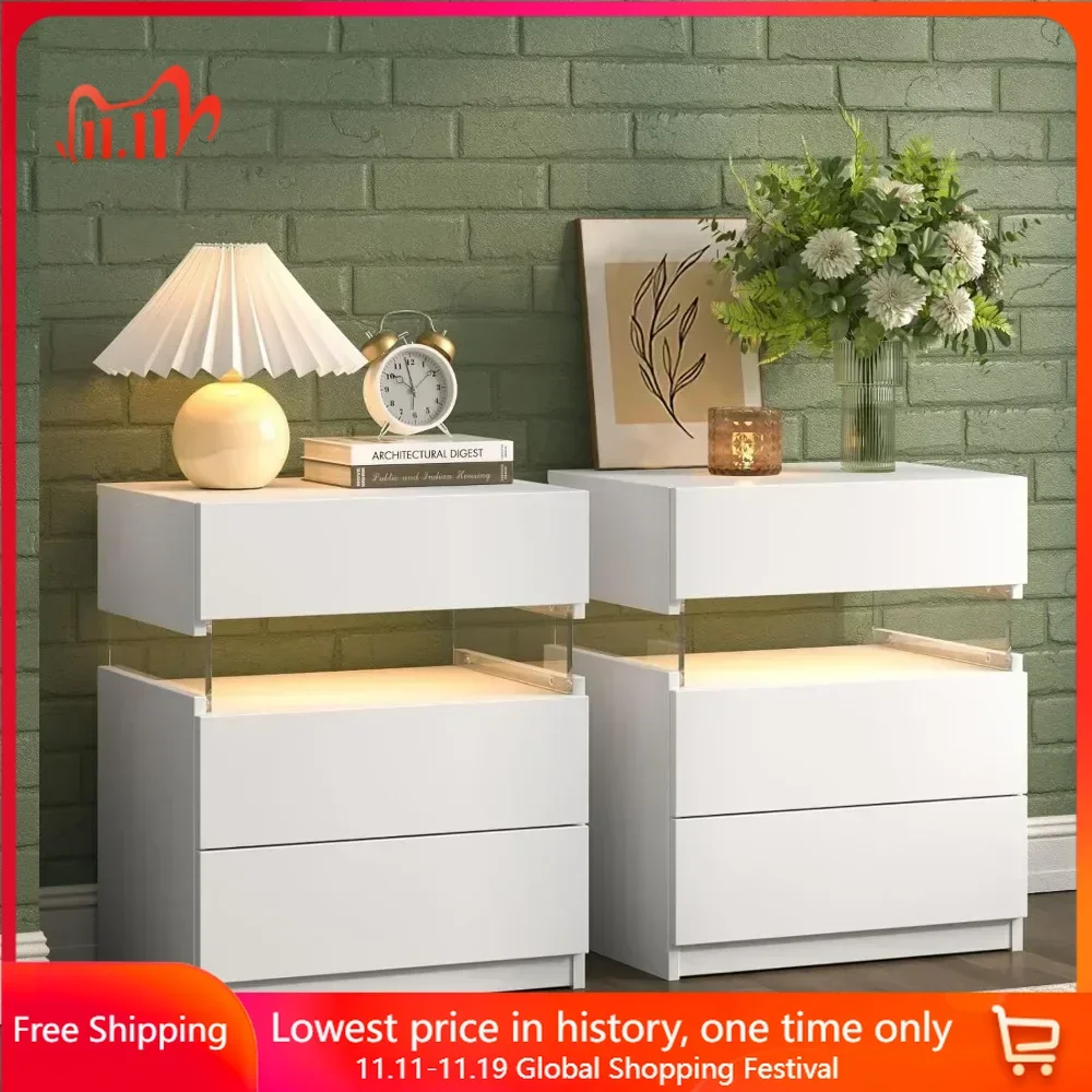 Night Stand Set 2 LED Night Stand for Bedroom Modern LED Bedside Table with 3 Drawers End Side Table LED Night Stand