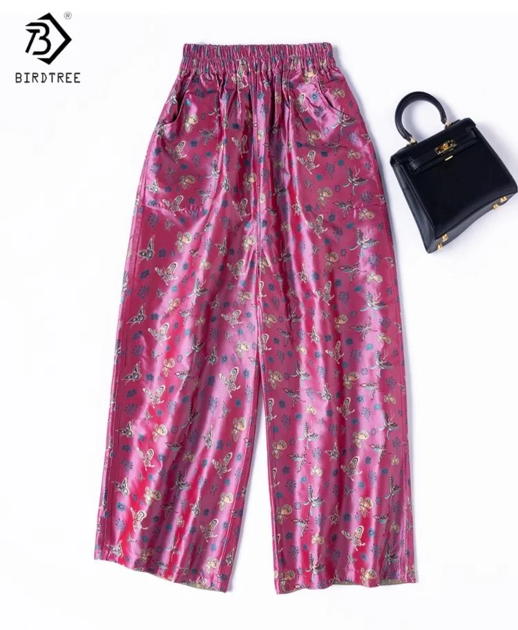 

Birdtree Summer 100% Mulberry Silk Pants,Women Jacquard Reversible Elastic Waisted Loose Wide Leg Harem Pants New 2025 P55805JF