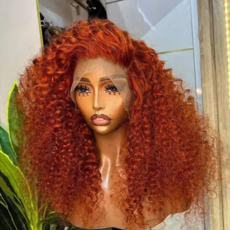 Soft 26Inch Long 180Density Orange Kinky Curly Deep Lace Front Wig For Women Babyhair Glueless Preplucked Daily
