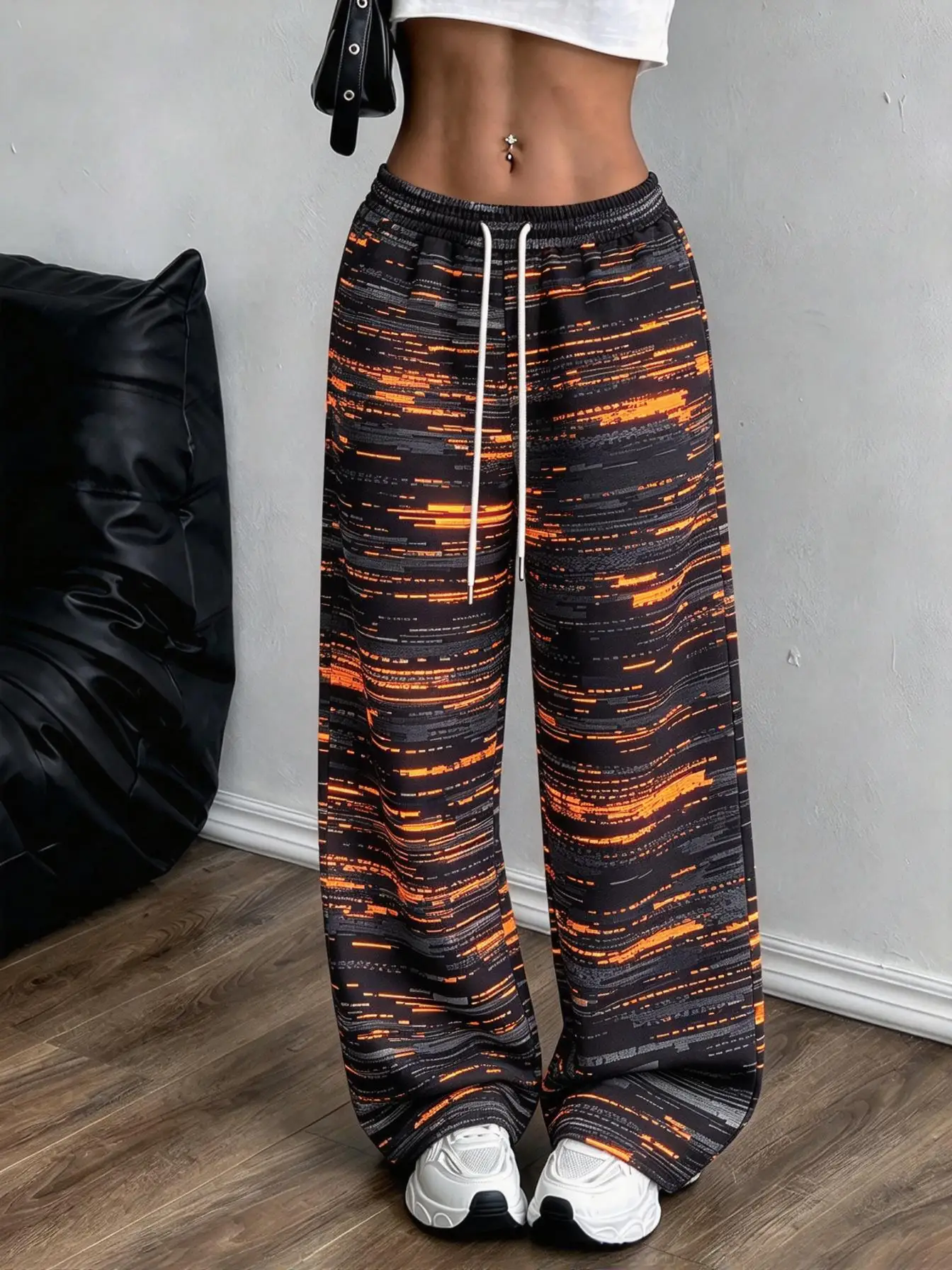 Women Low Waist Wide Leg Sweatpants Glitch Digital Line Print Drawstring Elastic Loose Streetwear Trousers