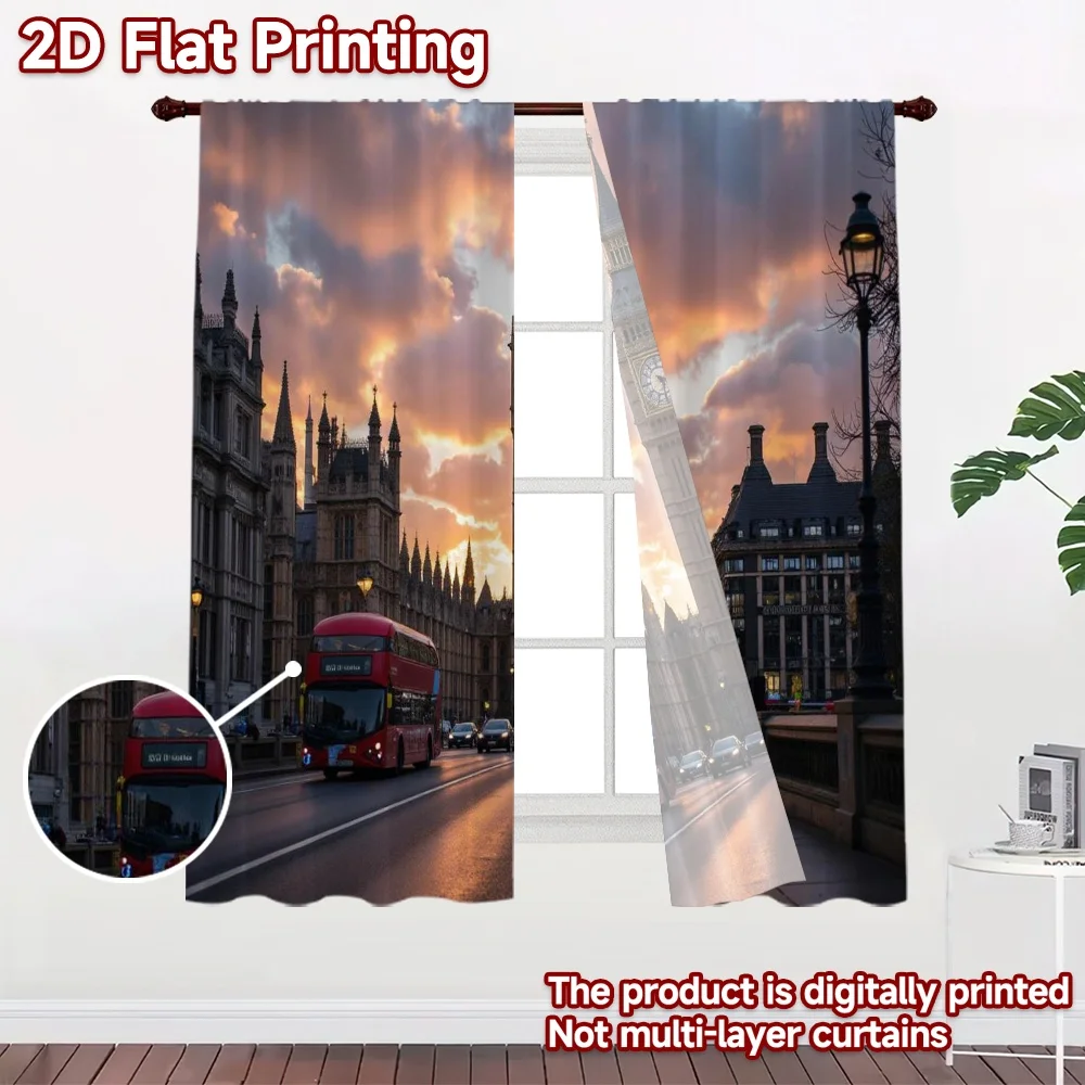 2D flat 2pcs Curtain Vintage drapes and curtains London Clock Tower Sunset Durable polyester fiber Holiday Decorations Use for