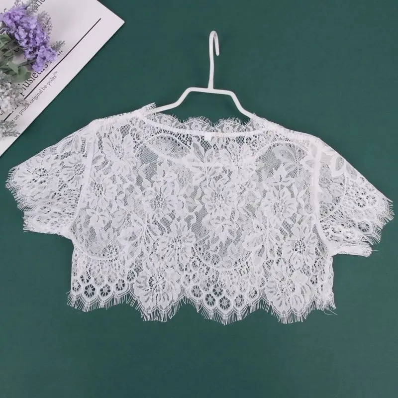 Women Blouses Summer Spring Transparent Lace Mesh Basic Long Sleeve Top Solid Color Embroidered Floral Lace Short Tops Shirt