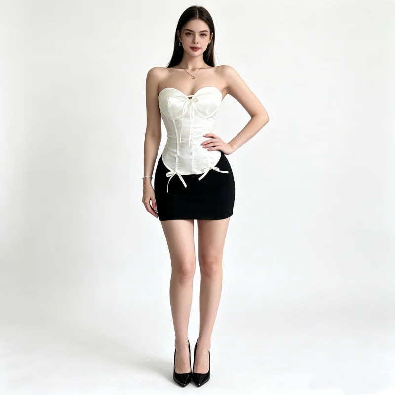 Women Butterfly Knot Short Crop Top Exposed Navel Slim Fit Waist Cinching Tight Chest Top Y2K Spicy Outfit For Vacation Beach Cl