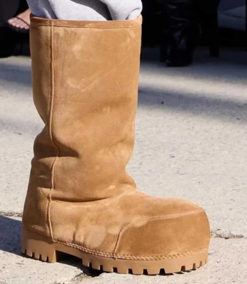2025 Spring New Couple Snow Boots Round Toe Thick Sole Plush Warm and Comfortable Mid-Calf Boots for Men and Women
