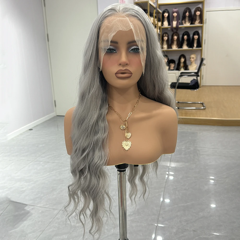 RDY Grey Long Wave Synthetic Lace Wig Natural Wave Lace Hair Ready To Wear Grey Wig Cosplay Synthetic Frontal Lace Wig For Women