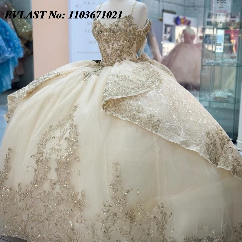 

EVLAST Customized Champagne Quinceanera Dress Ball Gown Applique Beading Crystals Corset Sweet 16 Vestidos De XV 15 Anos SQ123