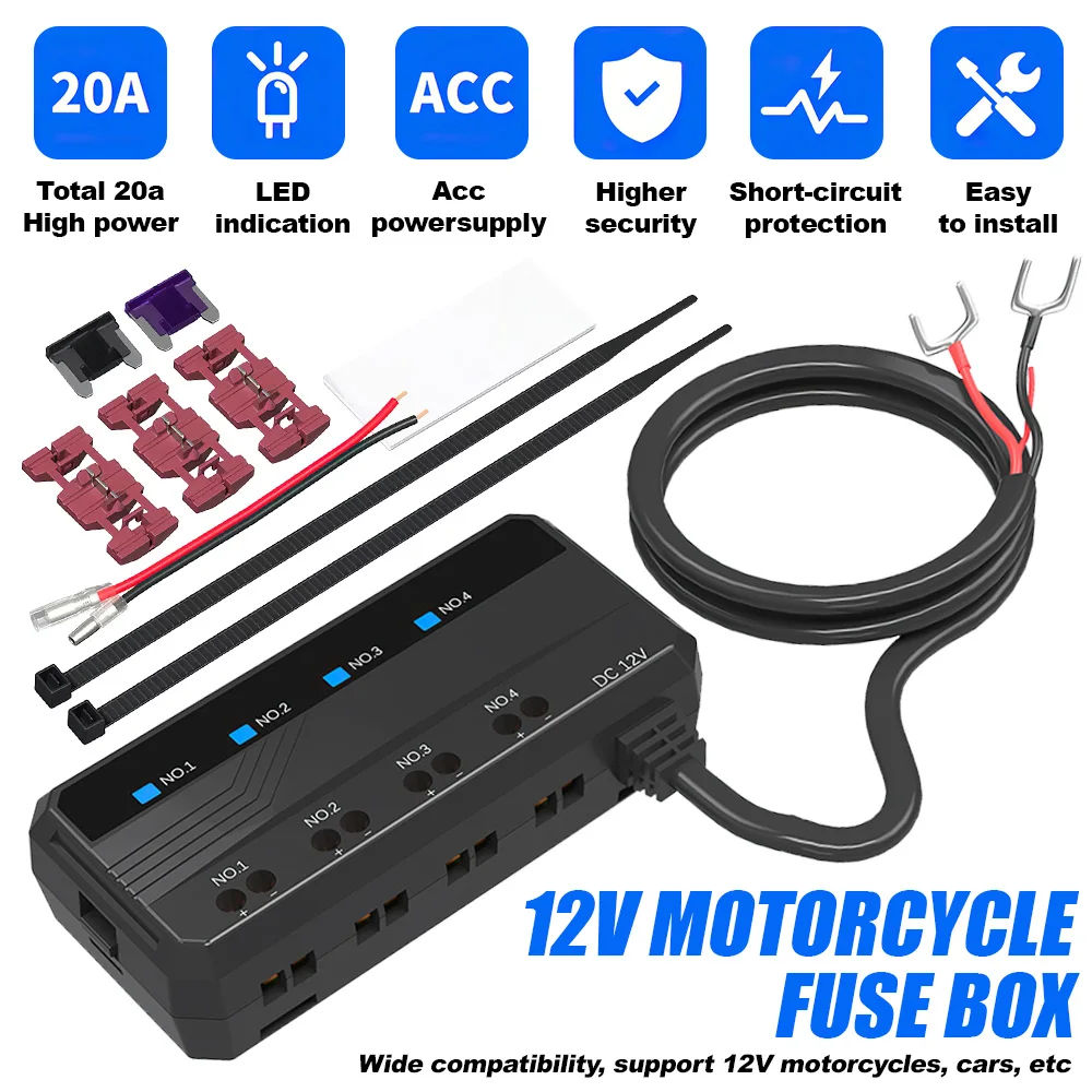 

12V Car Fuse Junction Box Car Motorcycle Vehicle MAX 20A Circuit Holder with LED Indicator Light Heat-resistant Accessories