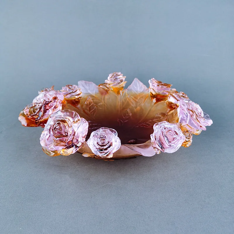 Ancient glazed entrance living room home, auspicious decoration housewarming new home gift rose fruit plate