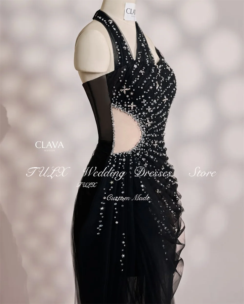 فستان سهرة عربي فاخر من التول الأسود من TULX فساتين حفلات مطرزة سباركلي مثيرة حورية البحر فستان رسمي طويل مخصص للمناسبات
