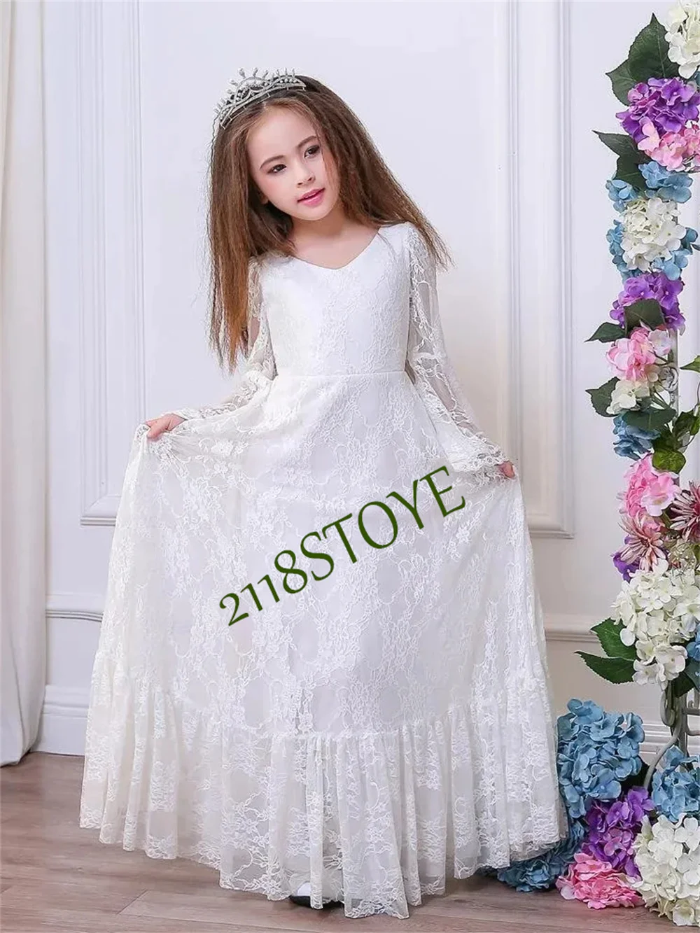 

Elegant Long Sleeve Lace Appliques Flower Girl Dresses Princes Ball Gown First Communion Prom Fashion