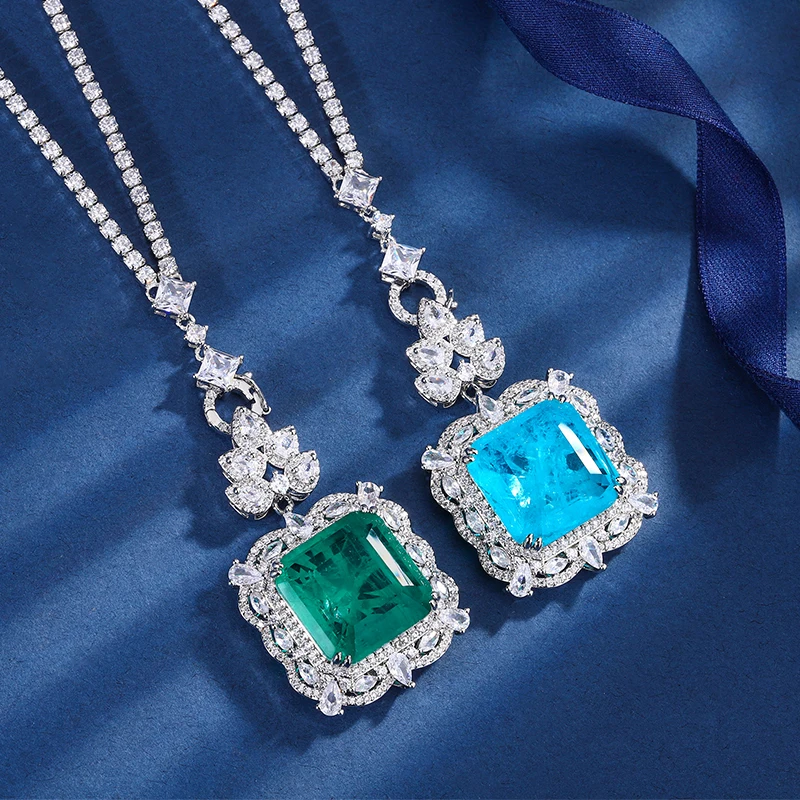 

EYIKA Brazil Women Square Paraiba Tourmaline Pendant with All-match Zircon Tennis Chain Necklace Fusion Stone Wedding Jewelry