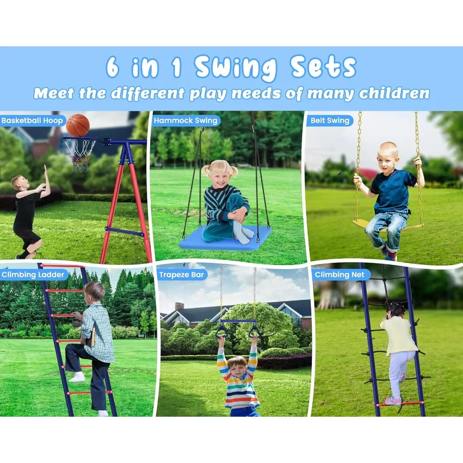 مجموعة أرجوحة معدنية شديدة التحمل 6 في 1 للعب في الهواء الطلق في الفناء الخلفي للأعمار 312 تتميز بموقتين لشبكات حبل سلم التسلق ترابيز B