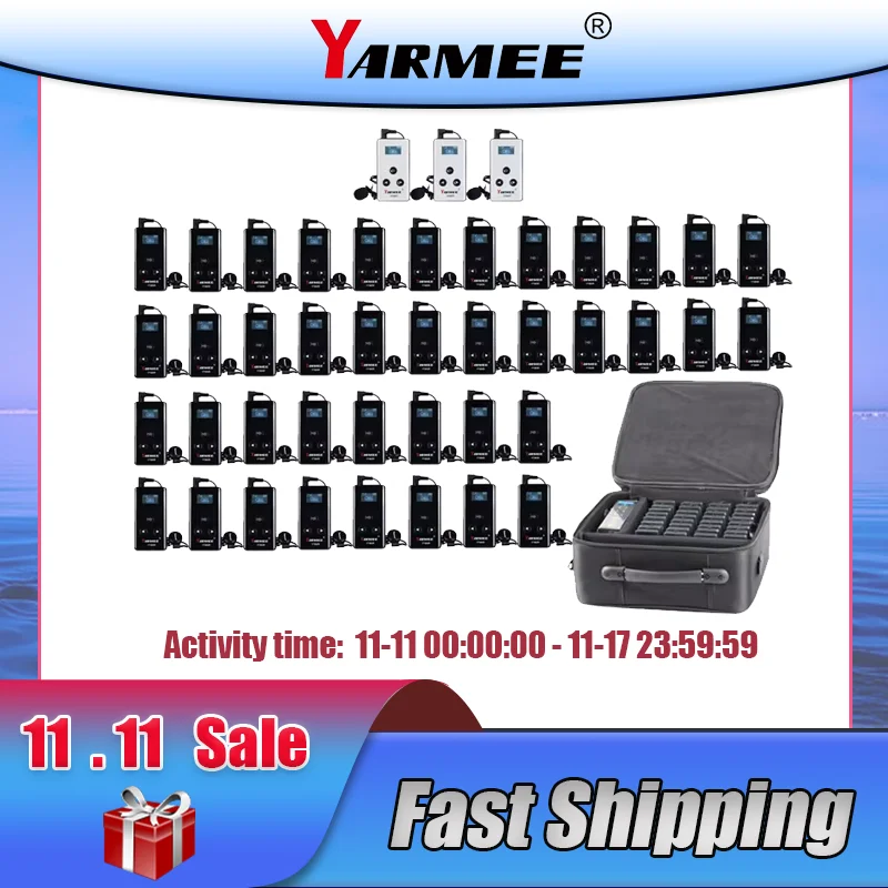 YARMEE  YT200 Wireless Whisper Tour Guide System 3 Transmitters +40 Receivers With Carrying Bag Earphone microphone for Hajj