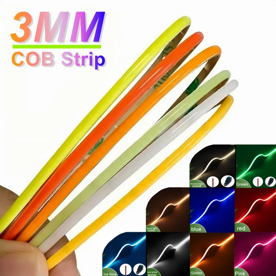 

12V Ultra Thin COB LED Strip 3mm Colorful Dimmable 3000K 4000K 6000K High Density Flexible Light 400LEDs for DIY Home Decor Lamp