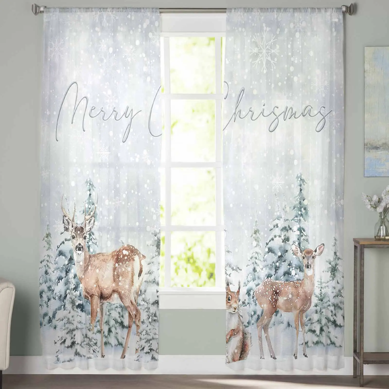 Christmas And Winter Tree Deer Curtains For Living Room Tulle Window Curtain Bedroom Kitchen Veil Drapes