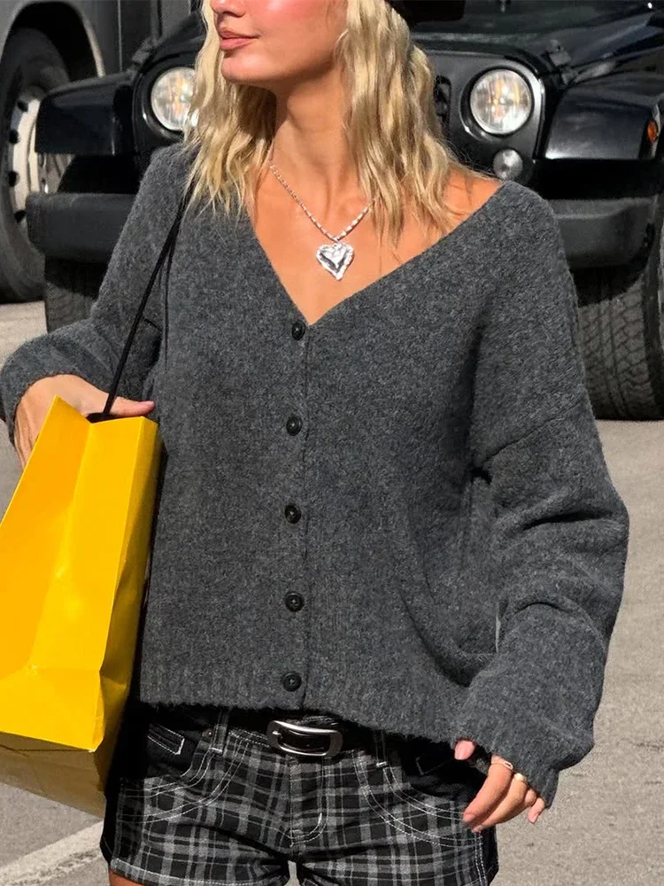 Women Solid Grey Knitted Cardigan Casual V-neck Full Sleeve Single Breasted Loose Sweater Lady Daily Commute Street Cardigan