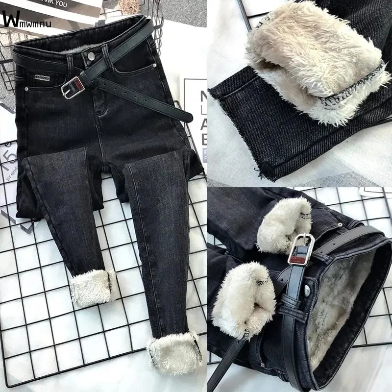 High Waist Winter Denim Pencil Pants Punk Fashion Thick Fleece Skinny Vaqueros Women Black Grey Vintage Cashmere Jeans Female