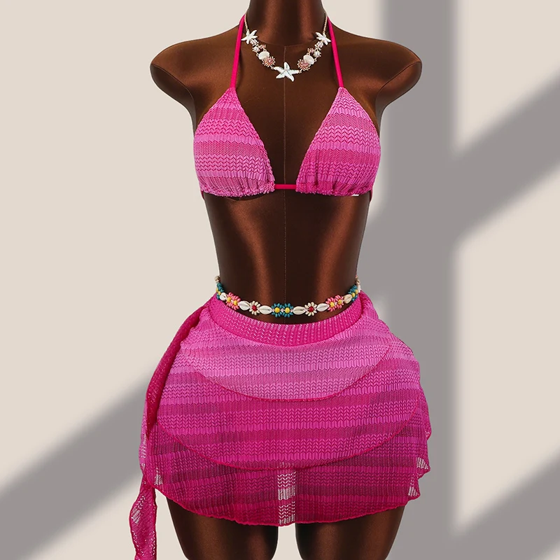 Sexy Gradient 3 Piece Skirt Bikini Set Swimwear Women 2026 Halter Push UP Swimsuit Tied High Cut Thong Bathing Suit Bikini set