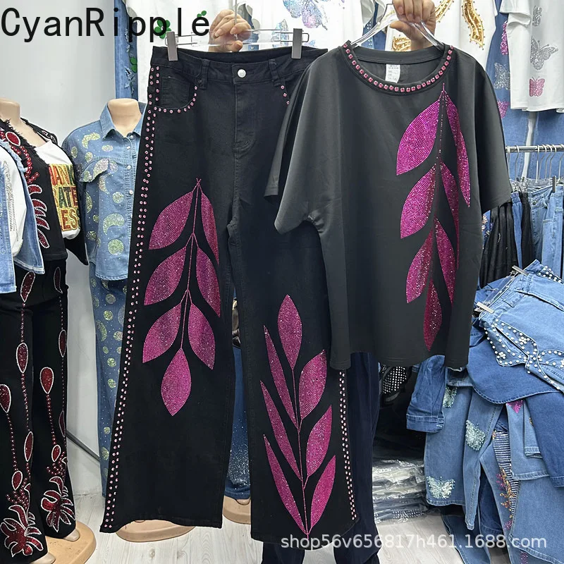 

Fashionable Women Two-piece Set Hot Diamonds Loose Black Short Sleeve T-shirt Top + High Waist Wide Leg Straight Denim Pants