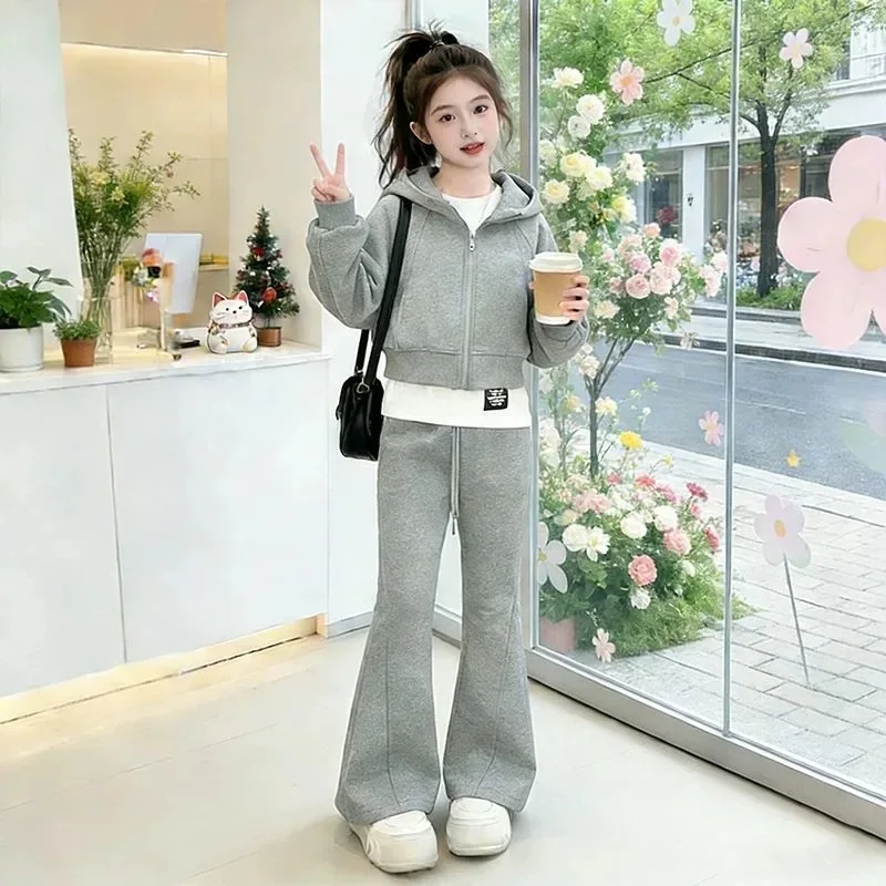 Teen Girls Clothing Set Autumn New Solid Hooded Cardigan+Wide-Leg Pants 3 Piece Sets 2026 Casual Tracksuit For 7-17Year