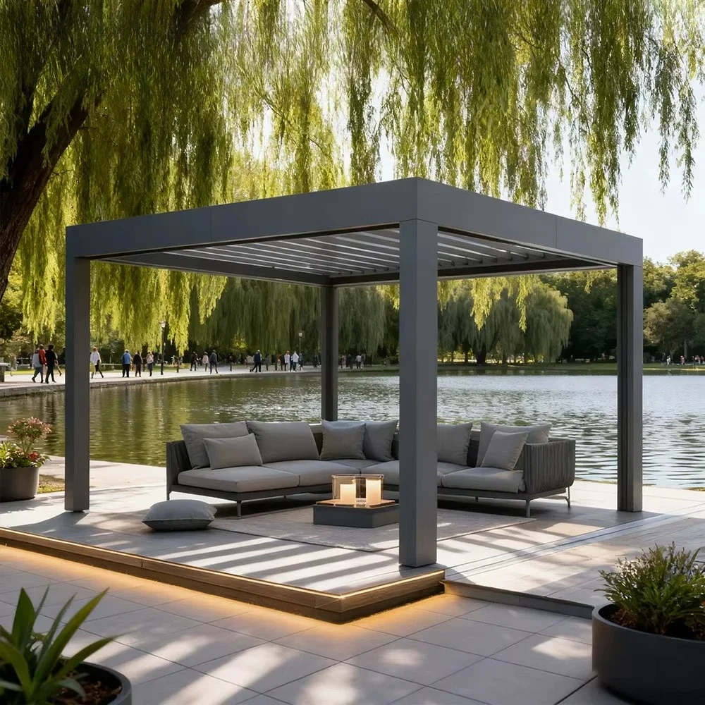 gh-Angled Folding Slatted Roofing Canopy Awning With Metal Materials Fixed Clear Sunroof And Pergola