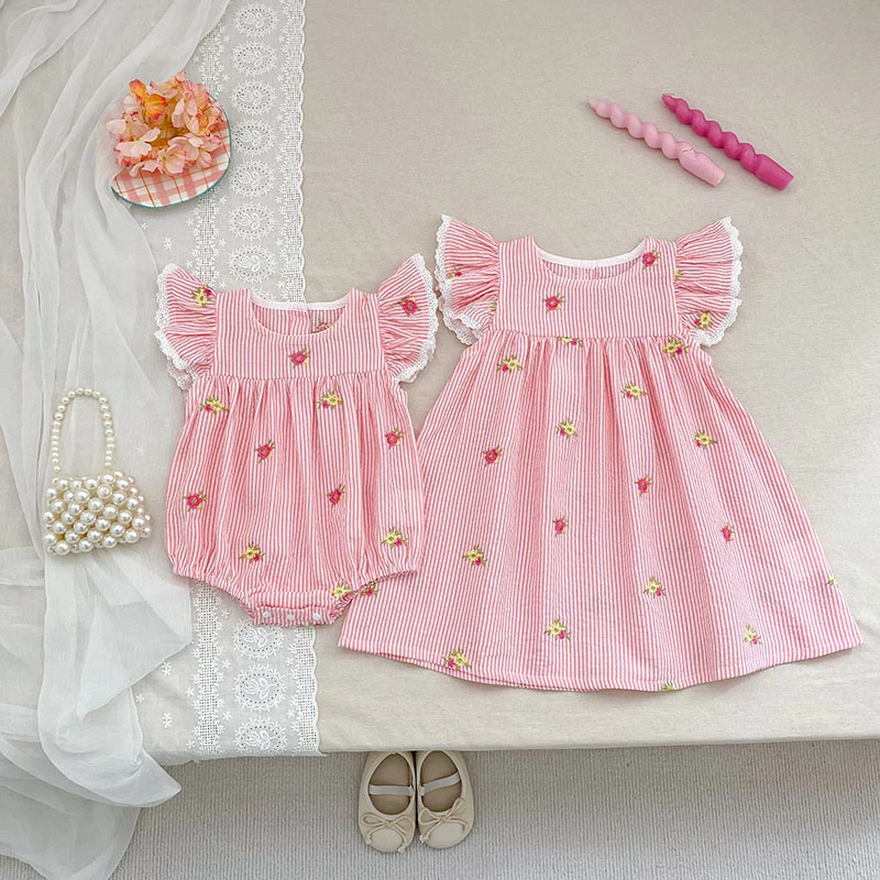 2026 Sommer 0-24M Baby Mädchen Flügelärmel Baumwolle Stickerei Baby Body 2-6 Jahre Süße Partykleider Schwesterkleidung – Detail 14