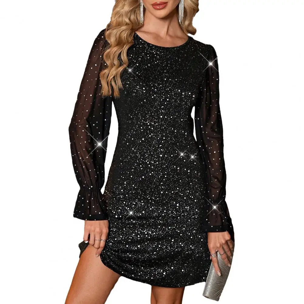 

Женское платье: Прозрачное сетчатое мини-платье с блестками, длинными рукавами, пайетками и оборками, А-силуэт, для вечеринок и клубов, элегантное