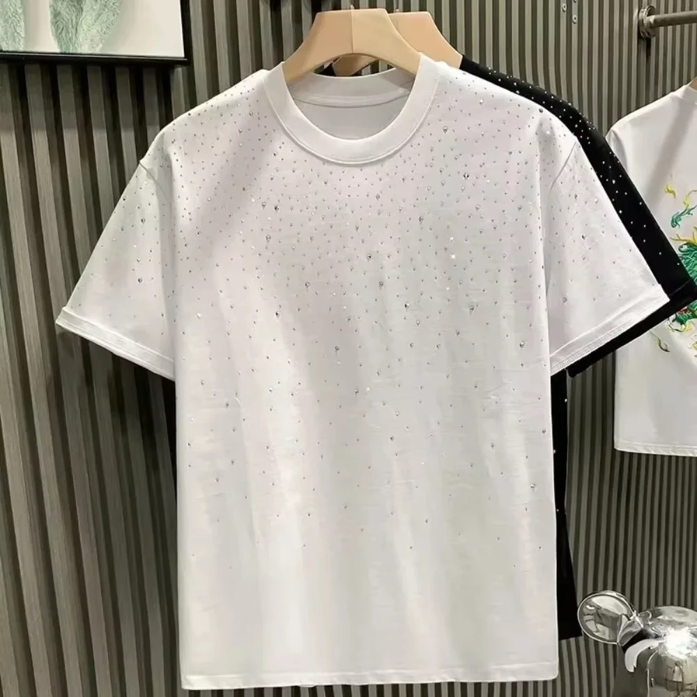 2025 Summer Men's Rhinestone Rivet T-shirt Cotton Round Neck Casual T shirts Fashion High Street  Men Short Sleeves