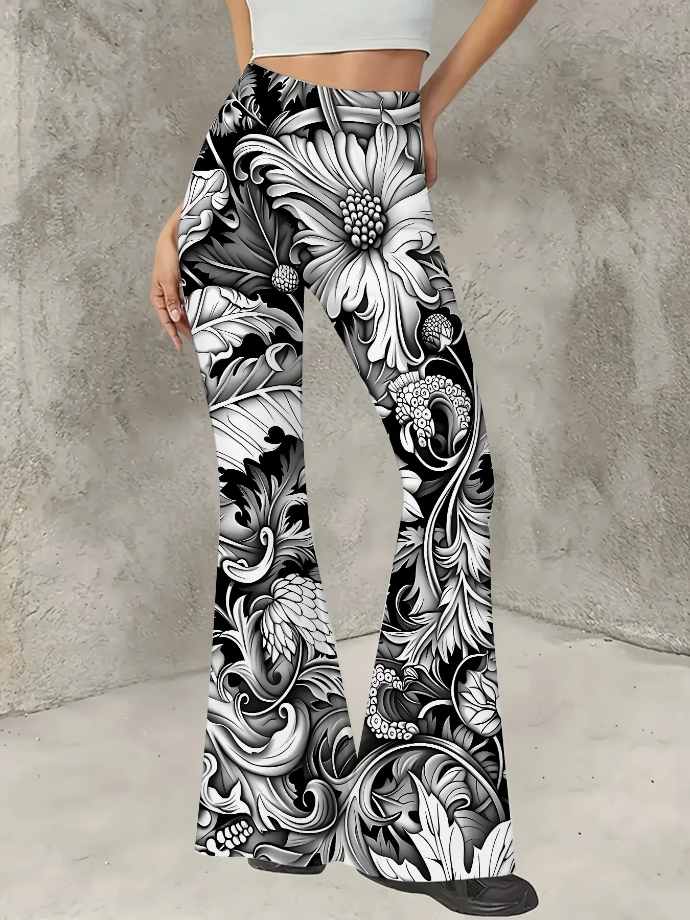 

Plus Size All-Over Print Flare Pants Women Stretchy High Waist Bell Bottom