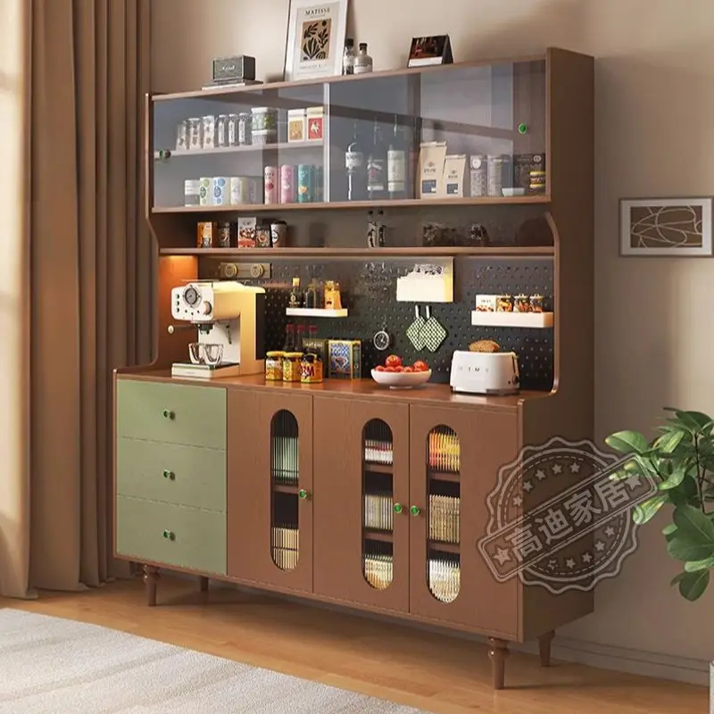 Solid wood sideboard, wall-to-wall integrated storage pantry vintage style storage cabinet, coffee machine, kitchen living room