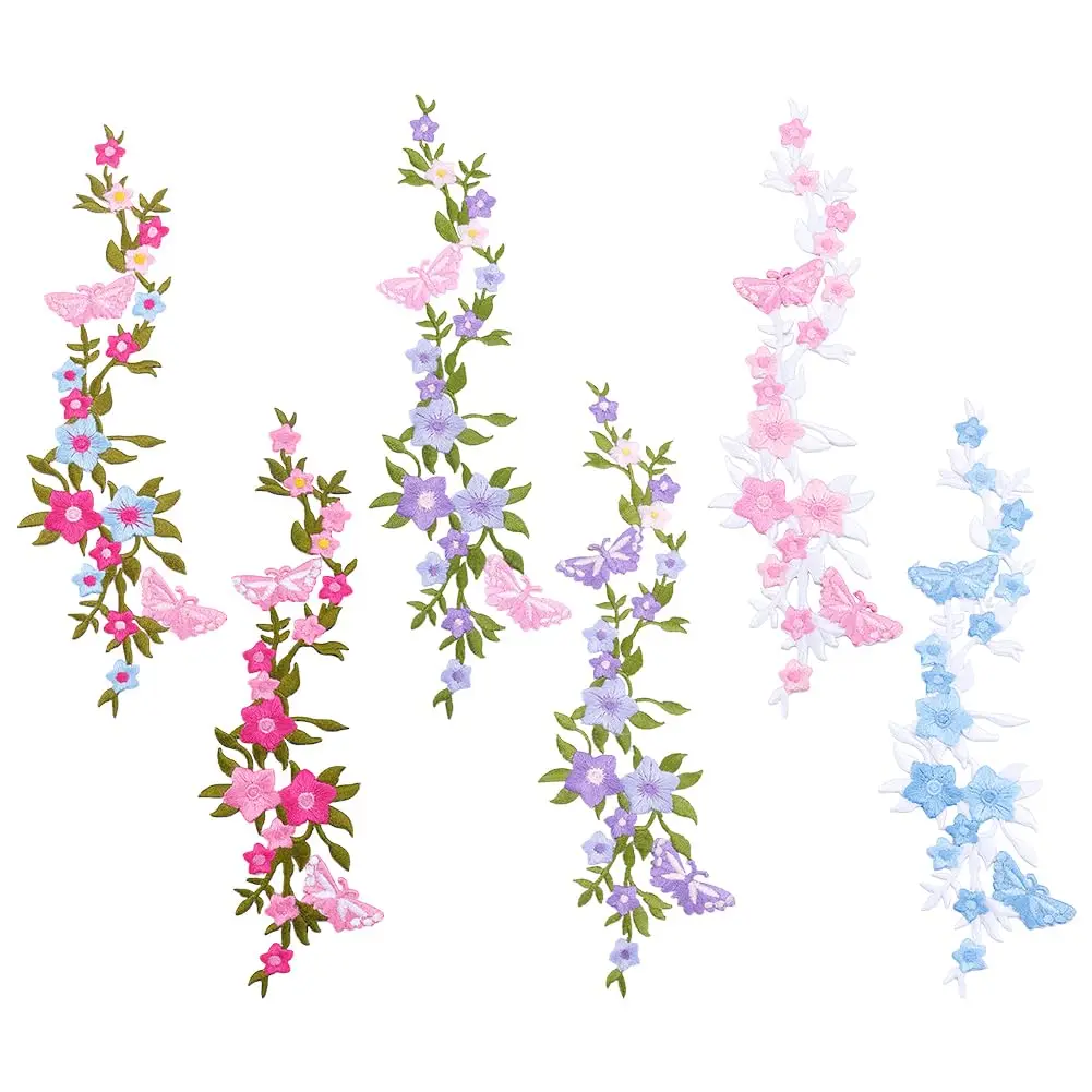 Schmetterlings-Blumen-Stickerei-Aufnäher zum Aufbügeln, lange lila Blumen-Applikationen zum Annähen, Glyzinien-Applikationen für Kleidung, Taschen, DIY-Bastelarbeiten