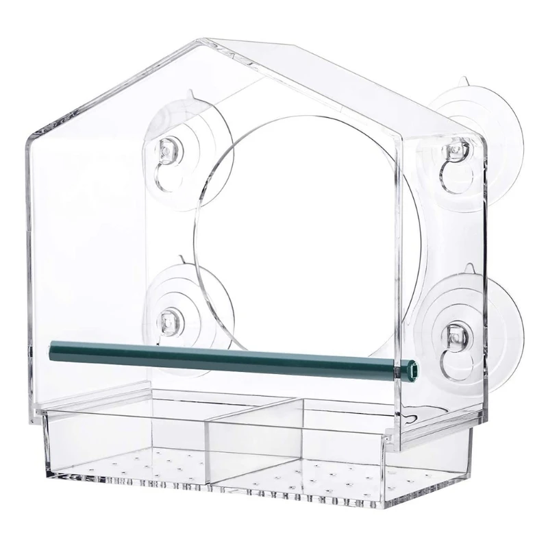 Acrylic Window Bird Feeder with Suction Cup, Detachable Seed Tray, Drain Hole, House for Bird Watching, Large Size