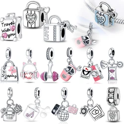 S925 Silver Color Travel Shopping Bag Pink Music Earphone Charms Fit For Pan Original Bracelet Hot Sell DIY Fine Jewelry Making