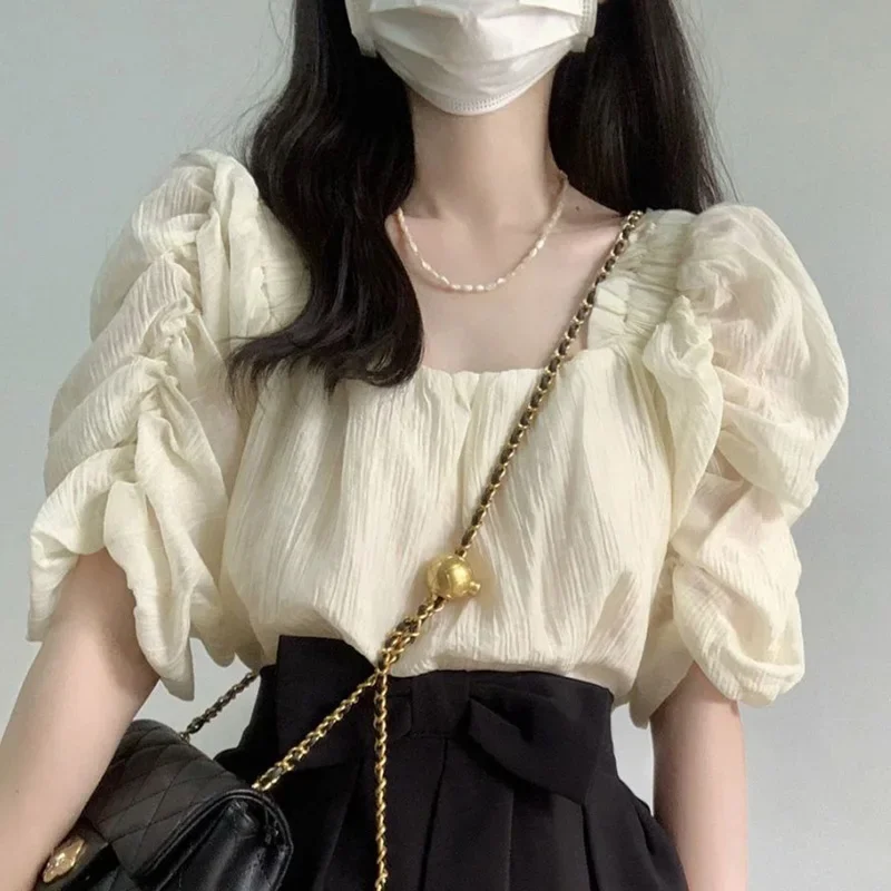 Shirt Skirt Two Piece Set 2024 Summer Light Luxury Unique Square Neck Top Black High Waist Slim Half Body Skirt Sweet Wear