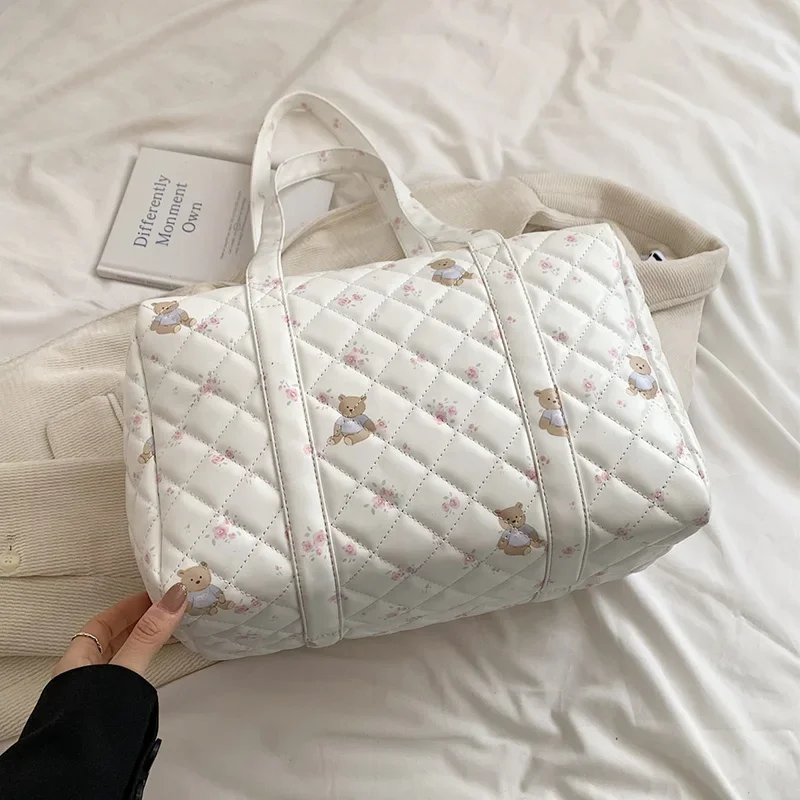 Bolso de mano de viaje acolchado para mujer, bolso de hombro ligero estampado con cremallera segura y costuras de diamantes para viajes y desplazamientos
