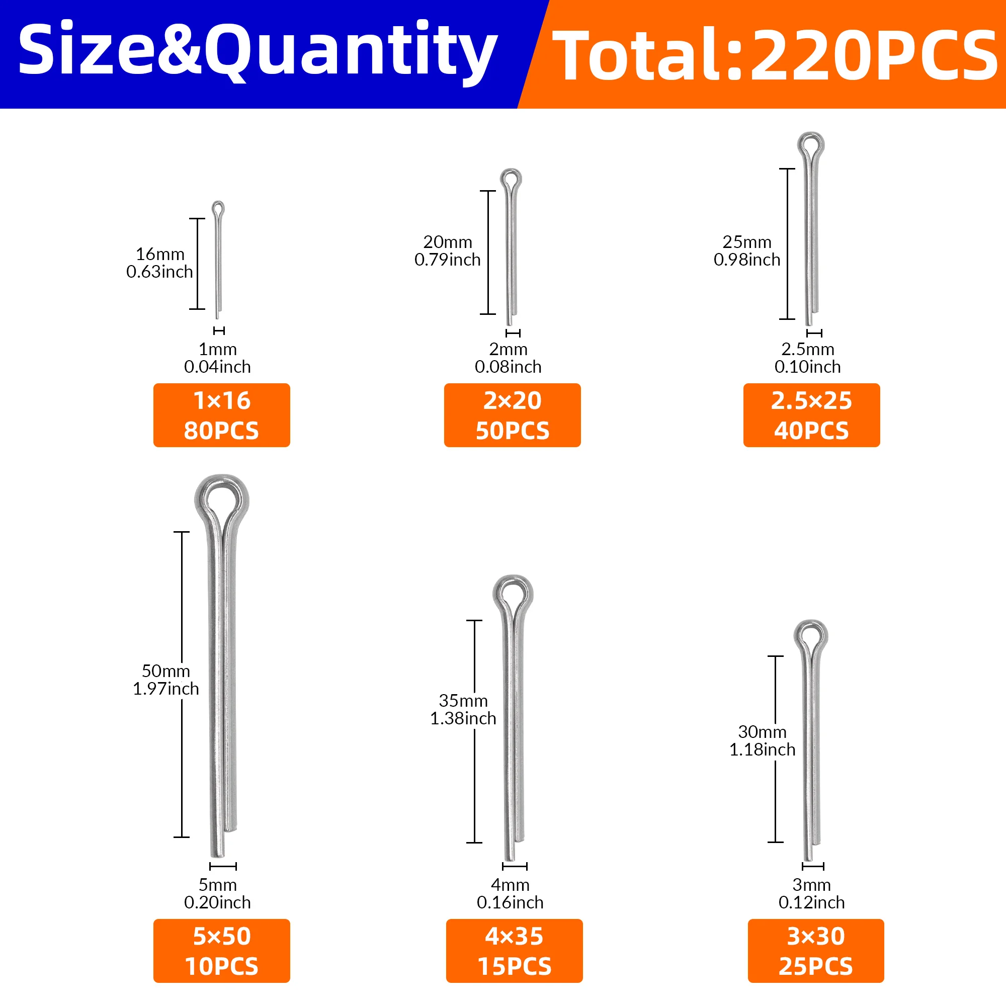 220Pcs 304 Stainless Steel Cotter Pin Assortment Kit, Heavy Duty Split Pins for Fastening, Locking Bolts, Automotive & Machinery