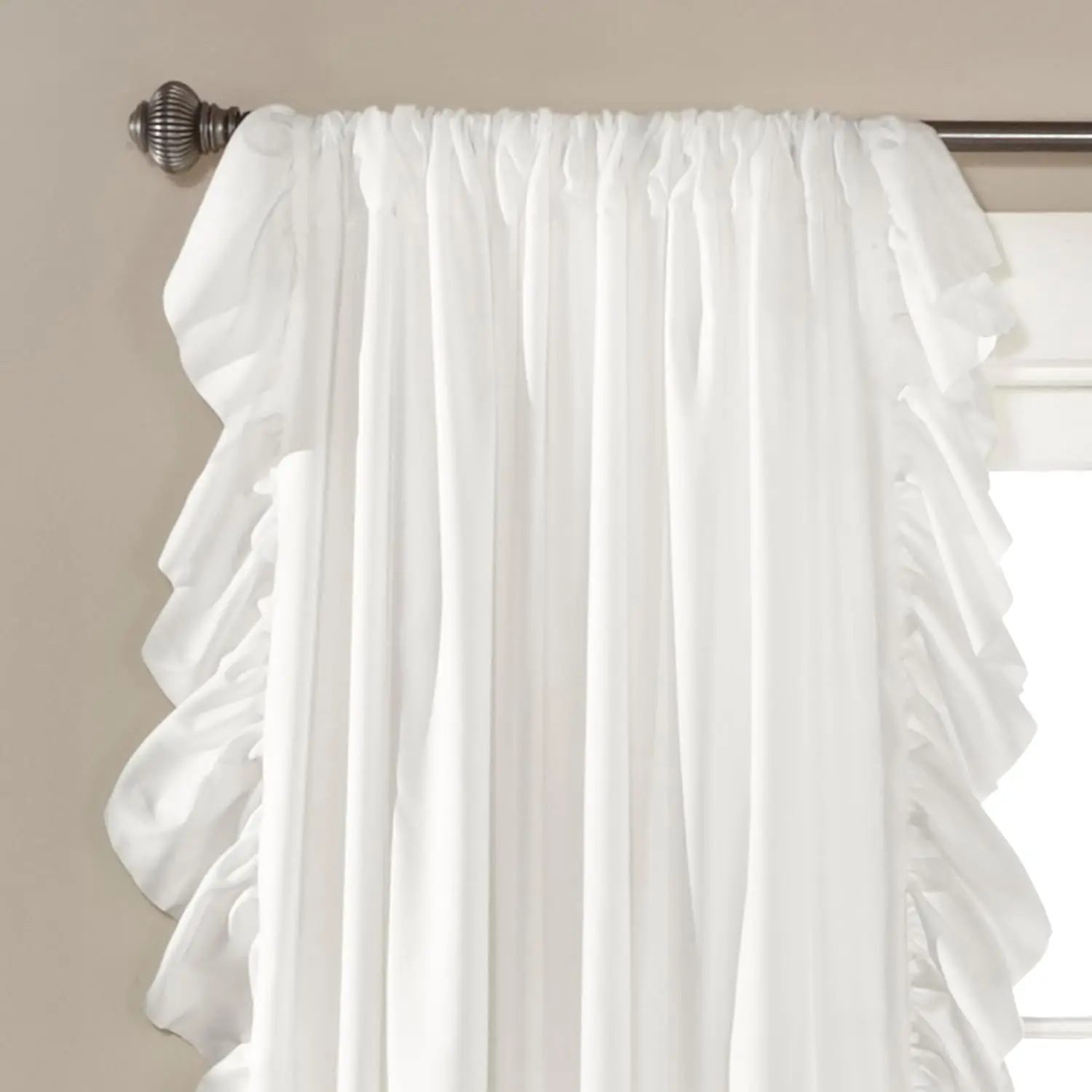 White 2-Panel Reyna Ruffle Curtain Set, 54 × 84 Inches, Flowy Romantic Design; Farmhouse & Cottage Decor for Bedrooms, Living & Dining Rooms