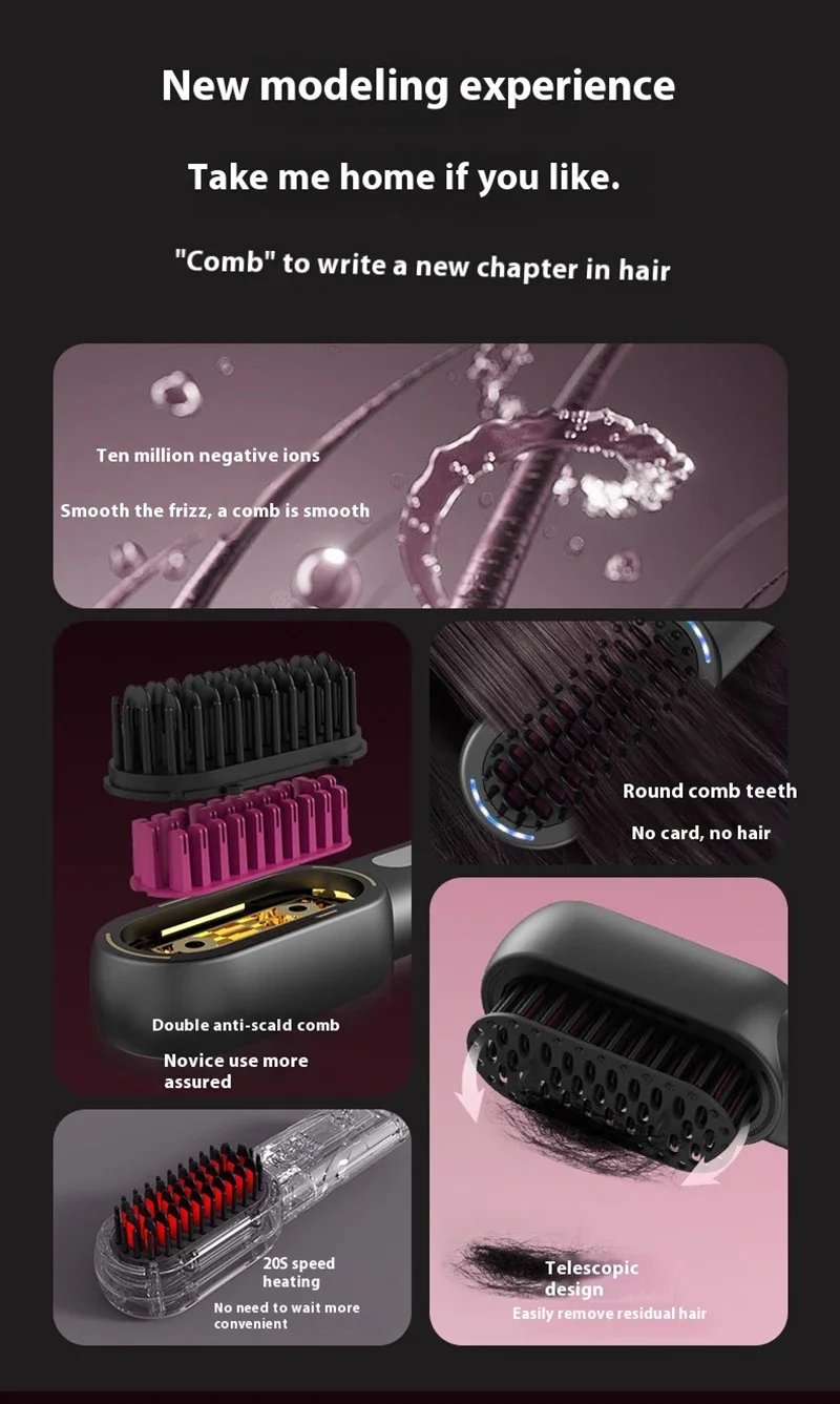 Wireless Straight Curling Hair Comb Heating Negative Ion Hair Straightener Rechargeable Anti-scalding Electric Hair Care Brushes