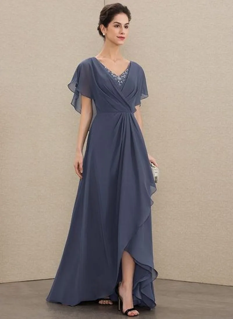 

Gray High Low Mother of the Bride Dress Plus Size Short Sleeve V-neck Beading Chiffon Wedding Party Gowns Robe De Soiree