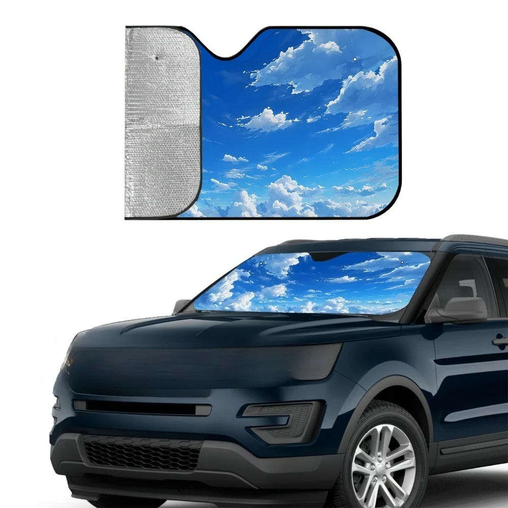 Blue sky, white clouds, and clear sky with vast expanse of clear skies. Front window sunshade and sunshade shield