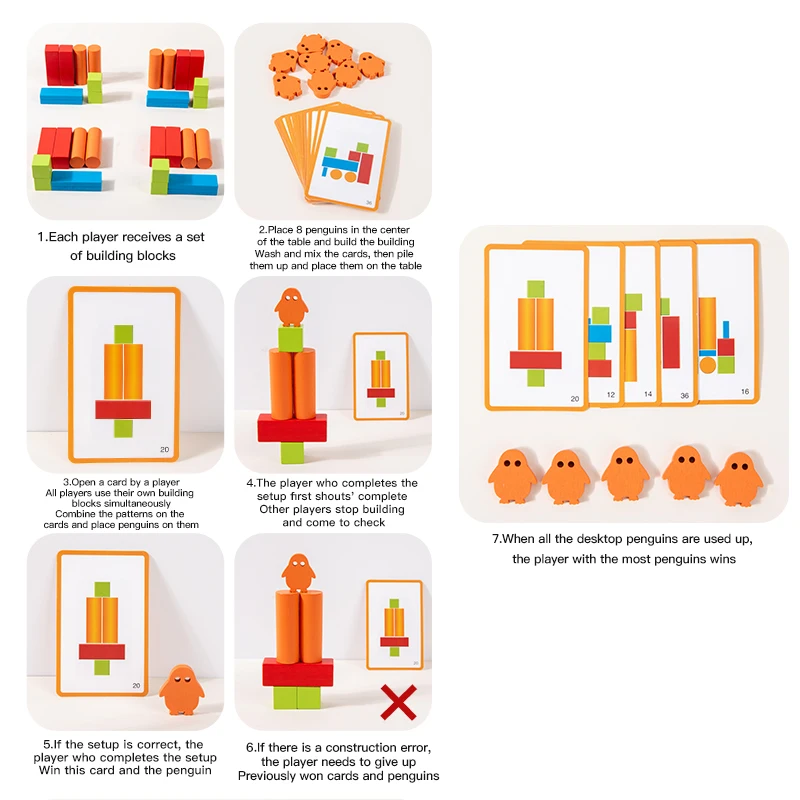 Conjunto de blocos de construção de pinguim de madeira, blocos de empilhamento, criação de jogo de pilha, brinquedos de classificação, formato de cor para crianças em sala de aula escolar