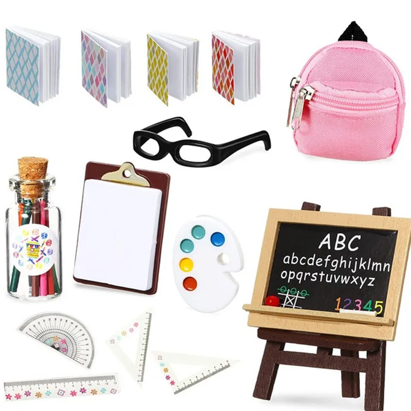 Mini Doll School Supplies Dollhouse Simulation Cutting Mat Ruler Schoolbag Books Pencil Pen Blackboard Holder Learning Props