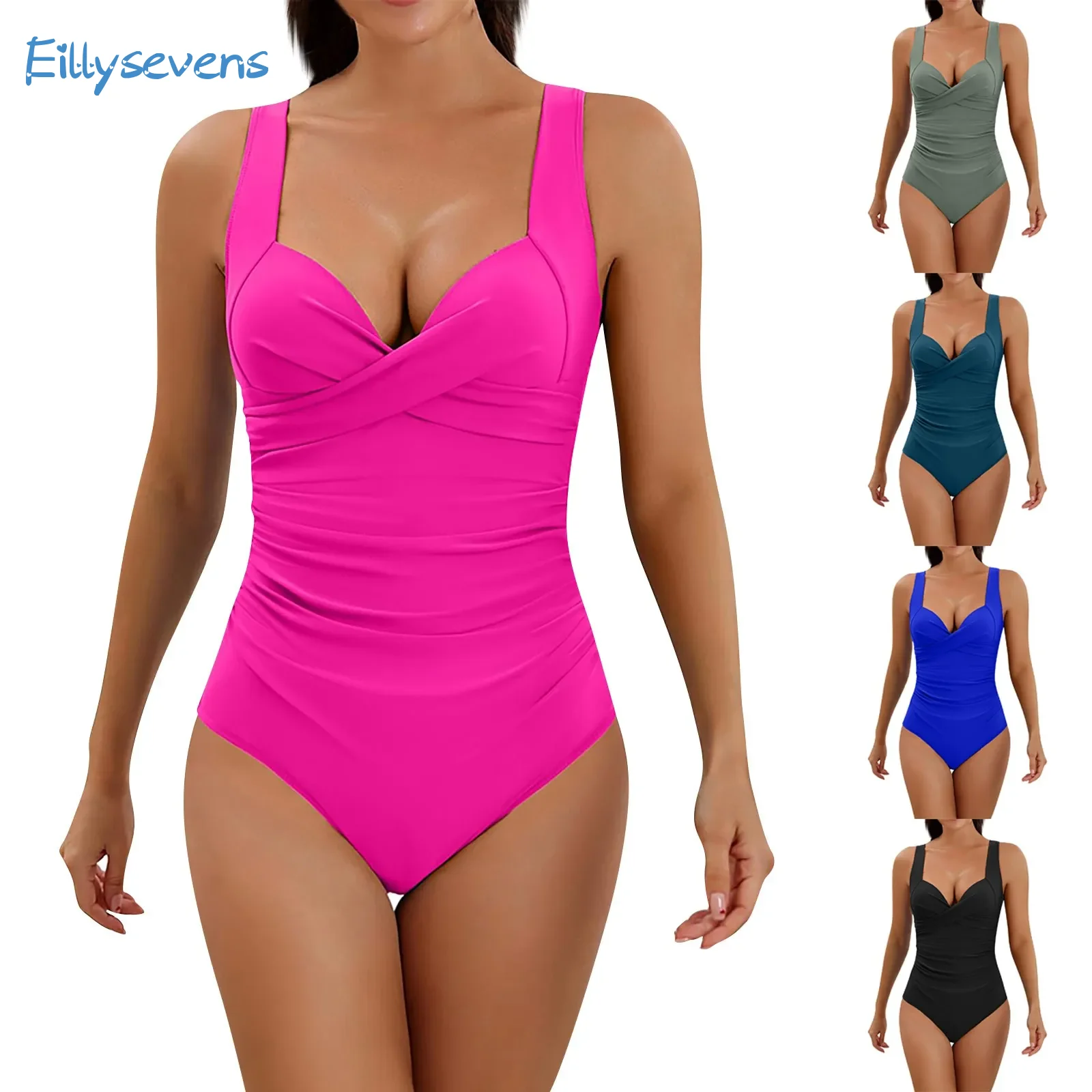 Women'S One-Piece Bikini Classic Solid Color Folds Swimsuit Causal Adjustable Shoulder Strap Beach Backless Tight Swimsuit