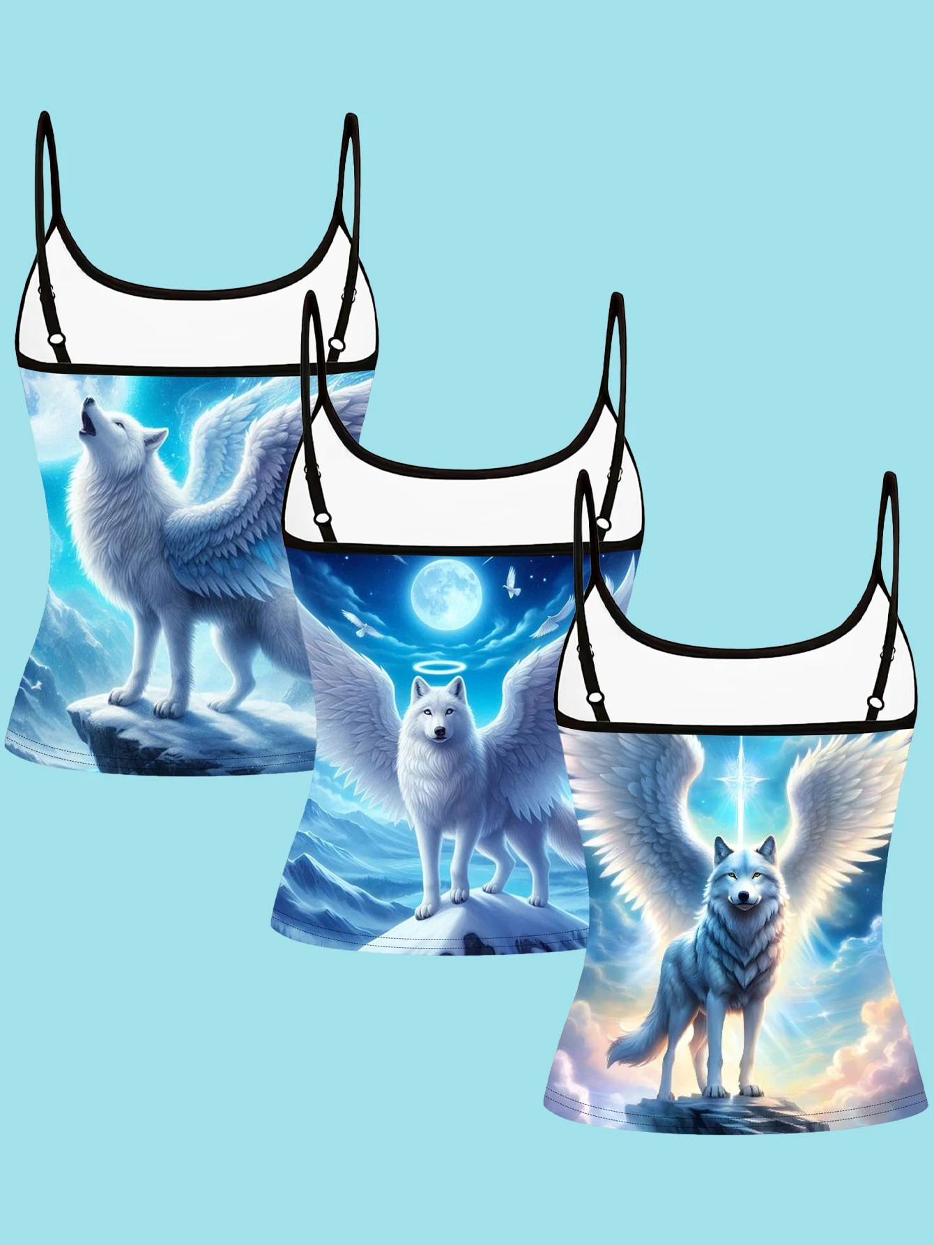 3-Piece Set of Angelic White Wolf Wings, Snow Mountain, Full Moon Print Thin Camisole, Halo Divine Light Dreamy Healing Style Slim Fit Sleeveless Top, Beautiful Inner Wear and Outerwear Base Shirt