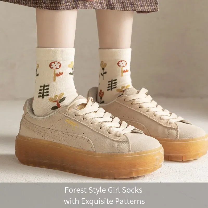 6 Pairs of Spring Summer Women Is Medium Socks Hose Khaki Vintage Flower Diamond Plaid Stripe Sweet and Comfortable