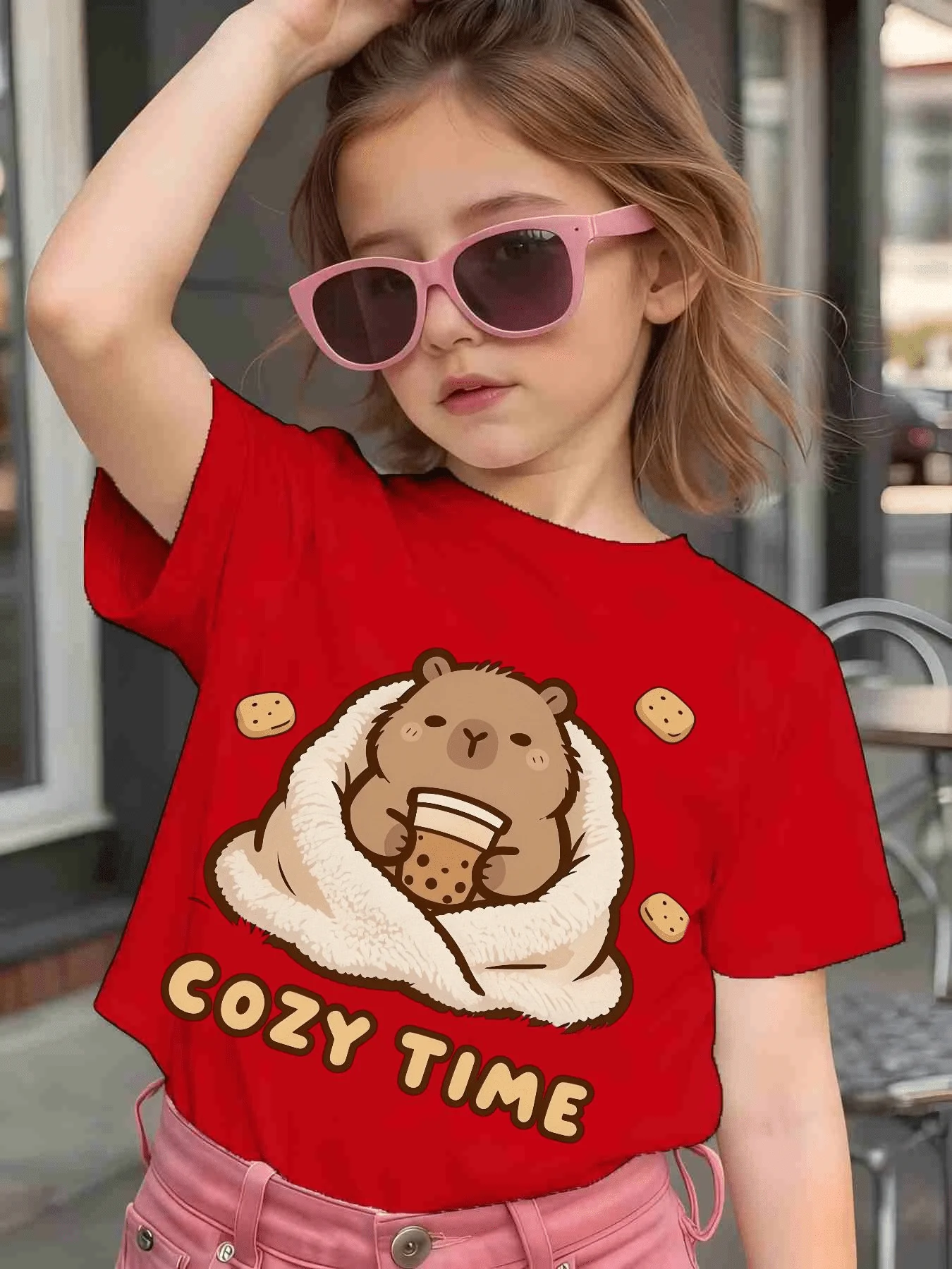 Cute Cozy Time Capybara Cartoon Graphic Kids Tee Boys Girls Family Matching Cotton Crew Neck Short Sleeve Soft Casual Summer Tee