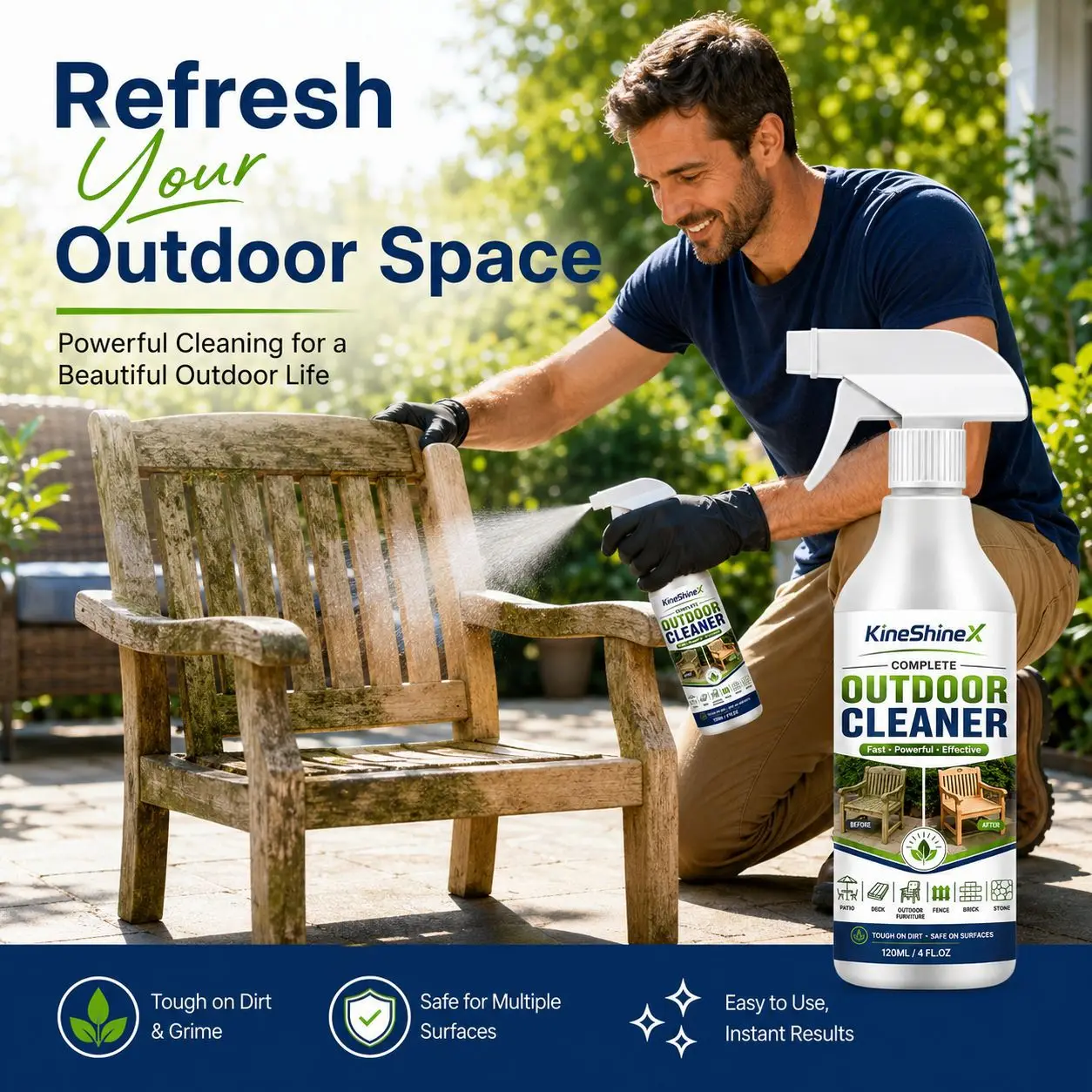 120ml Outdoor Surface Cleaner Spray for Patio, Deck, Fence, Brick, Stone & Furniture, Fast-Acting Dirt and Grime Remover