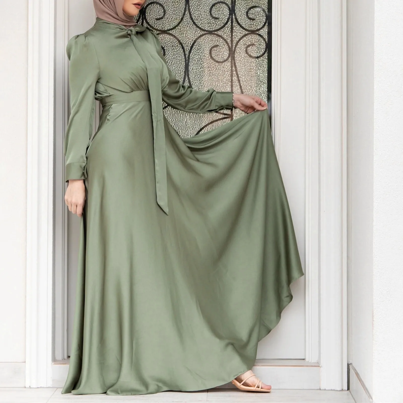 Women Satin Dress Muslim Abaya Hijab Dubai Turkey Evening Dresses Long Sleeve Solid Color Fashion Muslim Dress Robe Vestidos